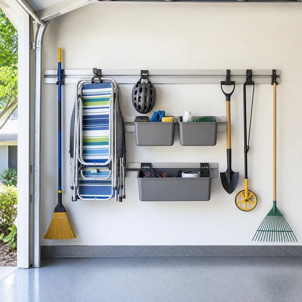 Garage wall track system holding bins and lightweight tools above the floor