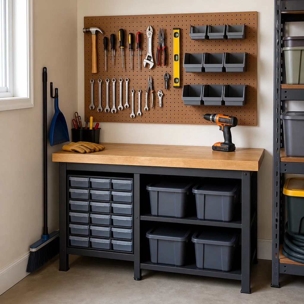 Compact garage workbench with pegboard and labeled-looking blank bins