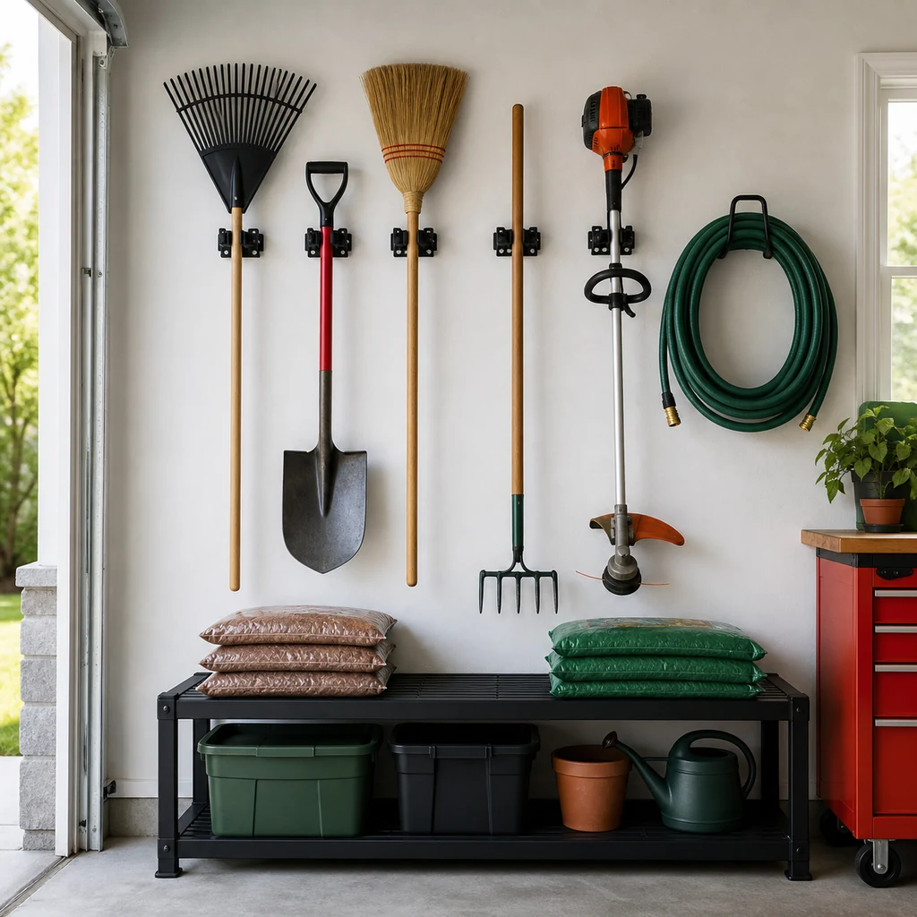 Yard tools mounted upright on a garage wall with heavy items low