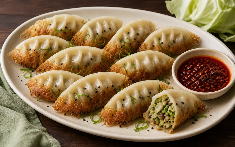 Crispy cabbage dumplings with golden lace bottoms, scallions, sesame, and ginger chili crisp.