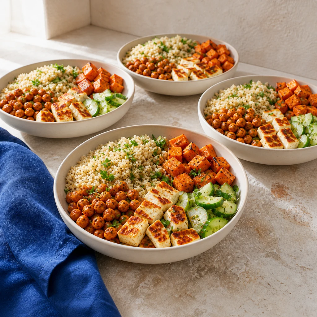 Four assembled quinoa bowls with roasted sweet potatoes chickpeas cucumber and halloumi before sauce