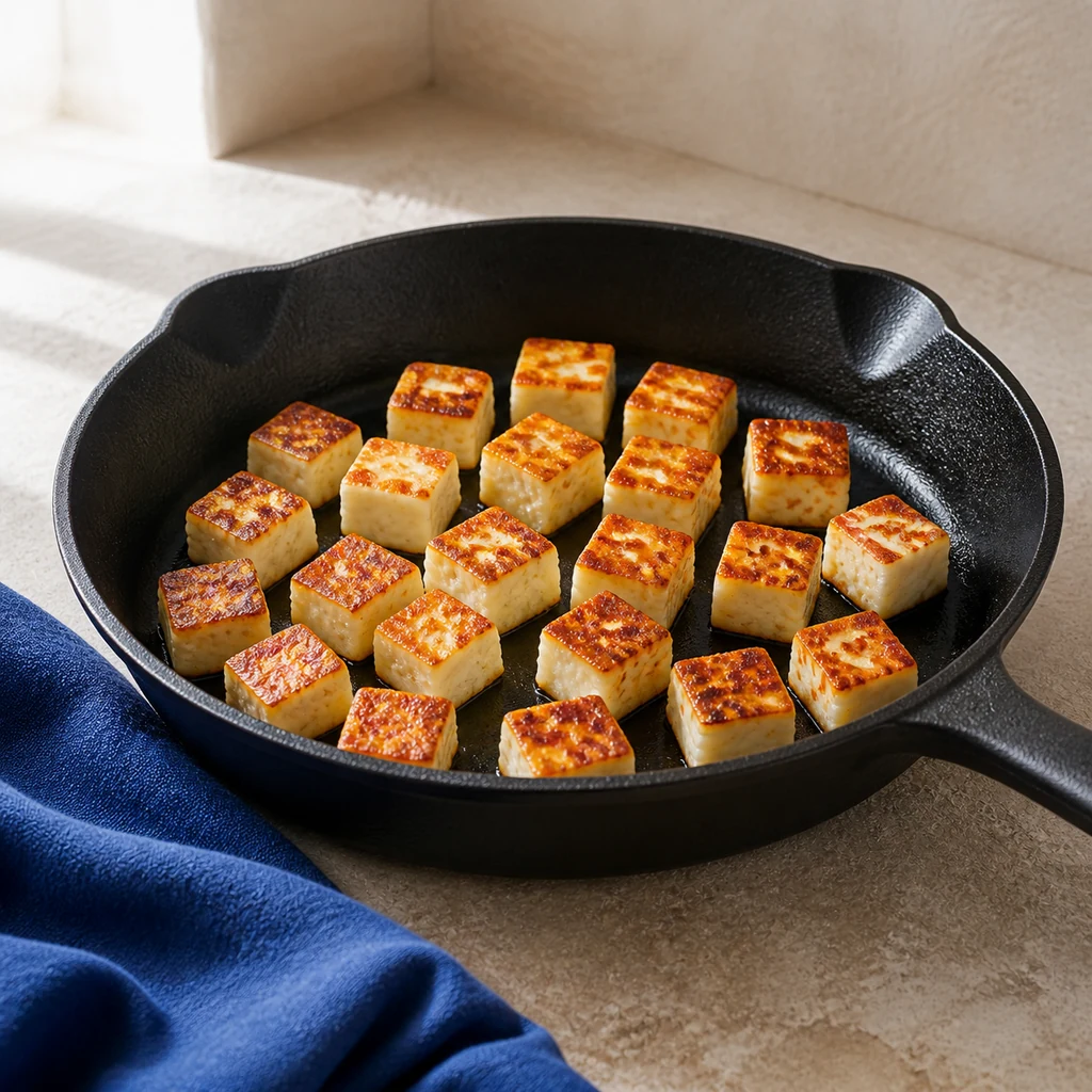 Golden crisp halloumi cubes searing in a black skillet