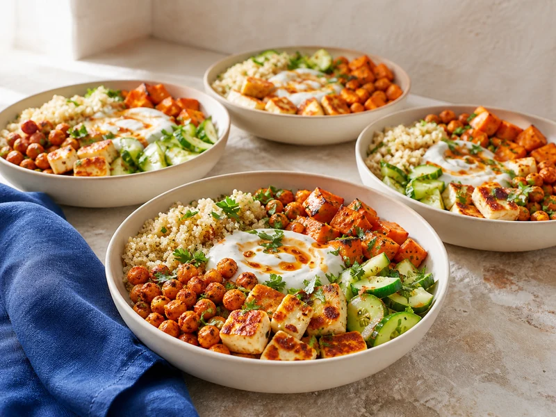 Four crispy hot honey halloumi sweet potato bowls with quinoa and yogurt sauce