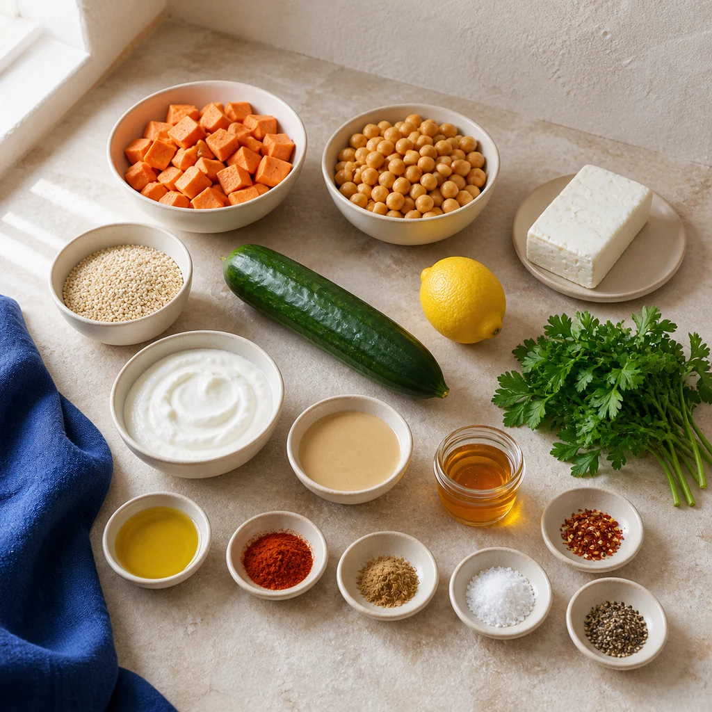 Ingredients for hot honey halloumi sweet potato bowls arranged on a cream counter