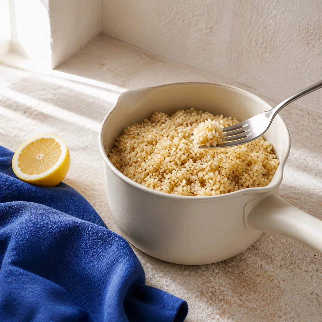 Fluffy cooked white quinoa in a cream saucepan