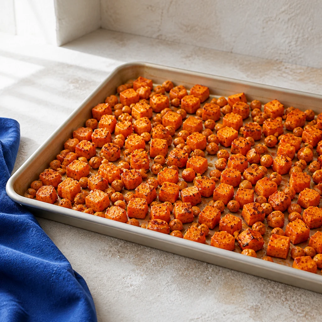 Roasted sweet potato cubes and spiced chickpeas on a sheet pan