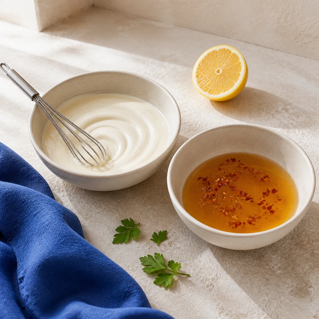 Lemon tahini yogurt sauce and chili honey in small cream bowls