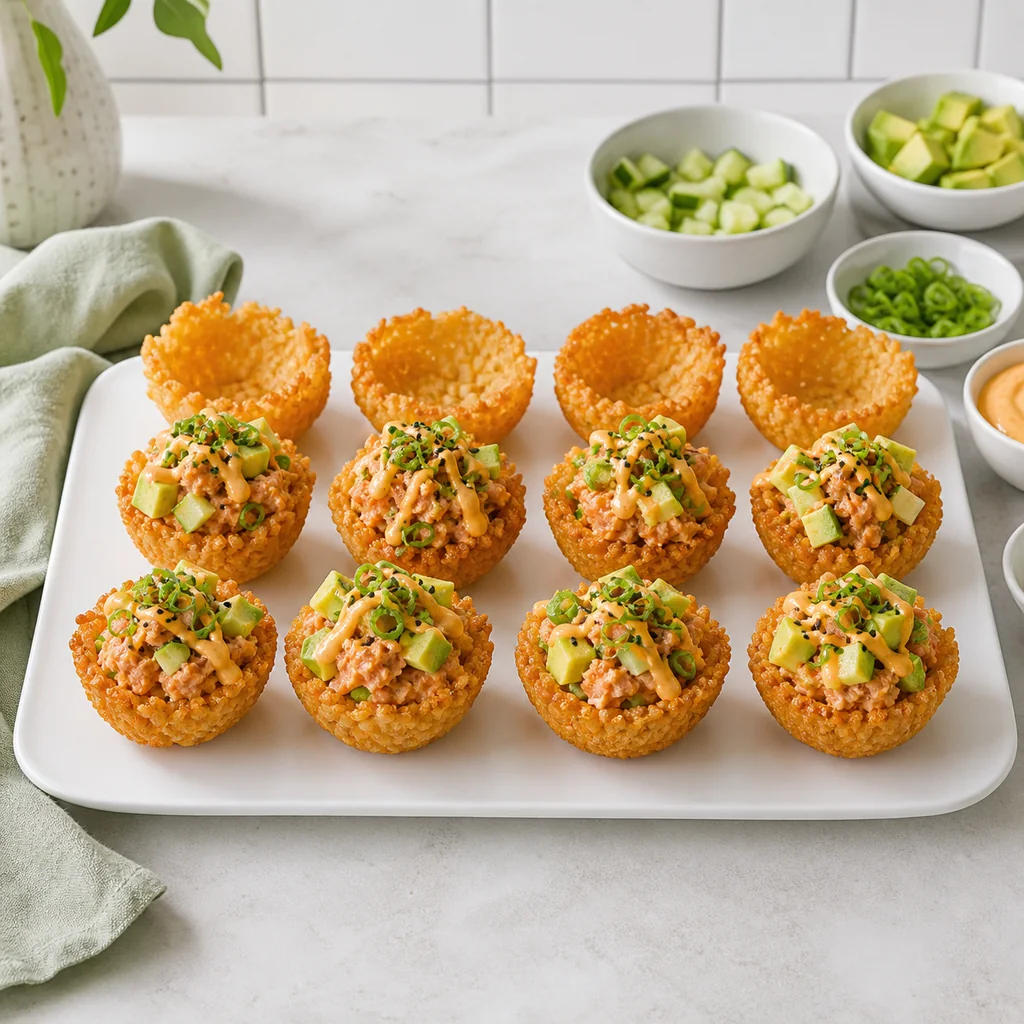 Crispy rice spicy tuna cups being assembled on a white platter