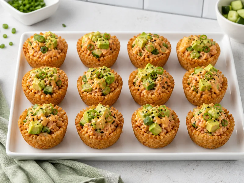 Twelve crispy rice spicy tuna cups with avocado and cucumber on a white platter