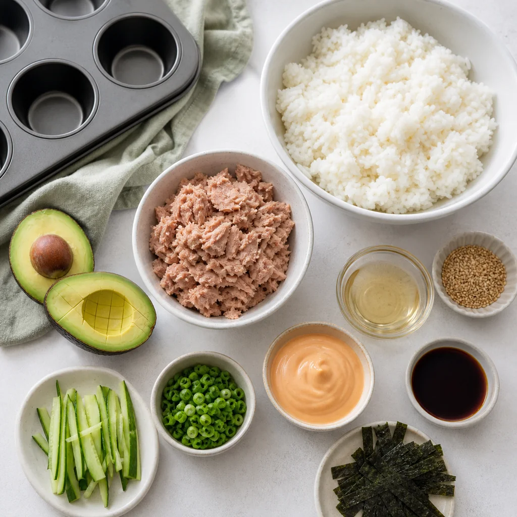 Ingredients for crispy rice spicy tuna cups arranged on a pale counter