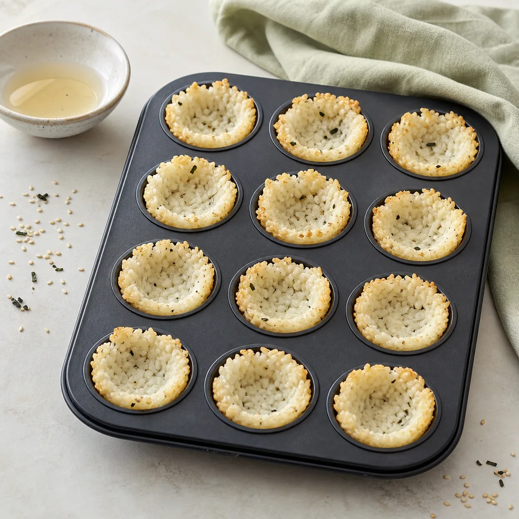 Twelve pressed rice cups crisping in a muffin tin