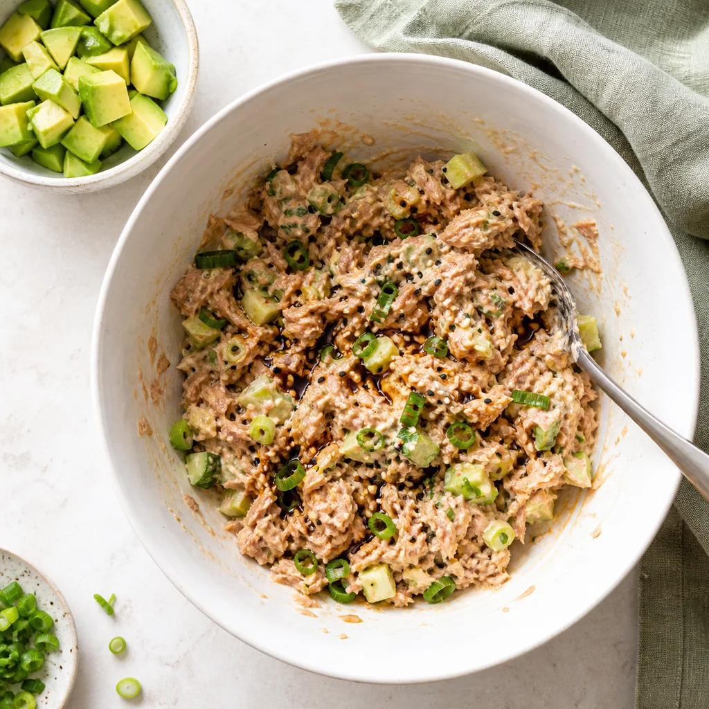 Spicy canned tuna filling mixed with cucumber, scallions, sesame, and sauce