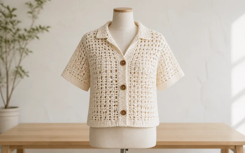 Finished cream crochet button-front summer shirt with short sleeves and a fold-back collar