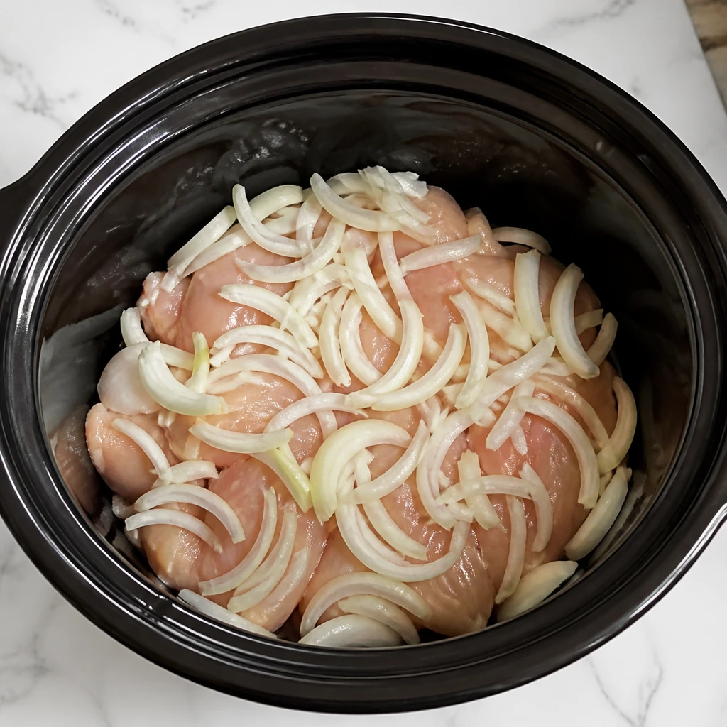 Raw chicken and sliced onion arranged in a slow cooker