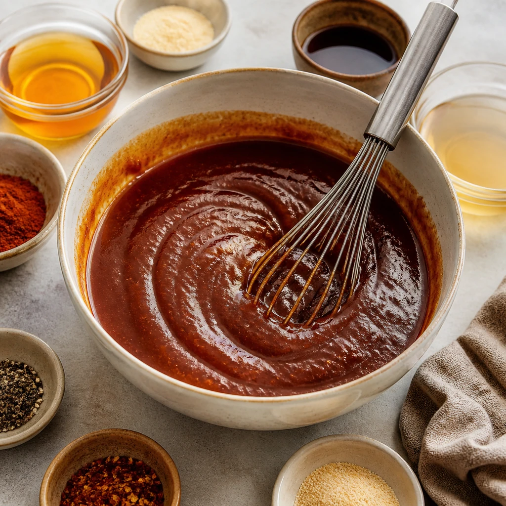 Barbecue sauce mixture whisked in a bowl for Crockpot BBQ Chicken