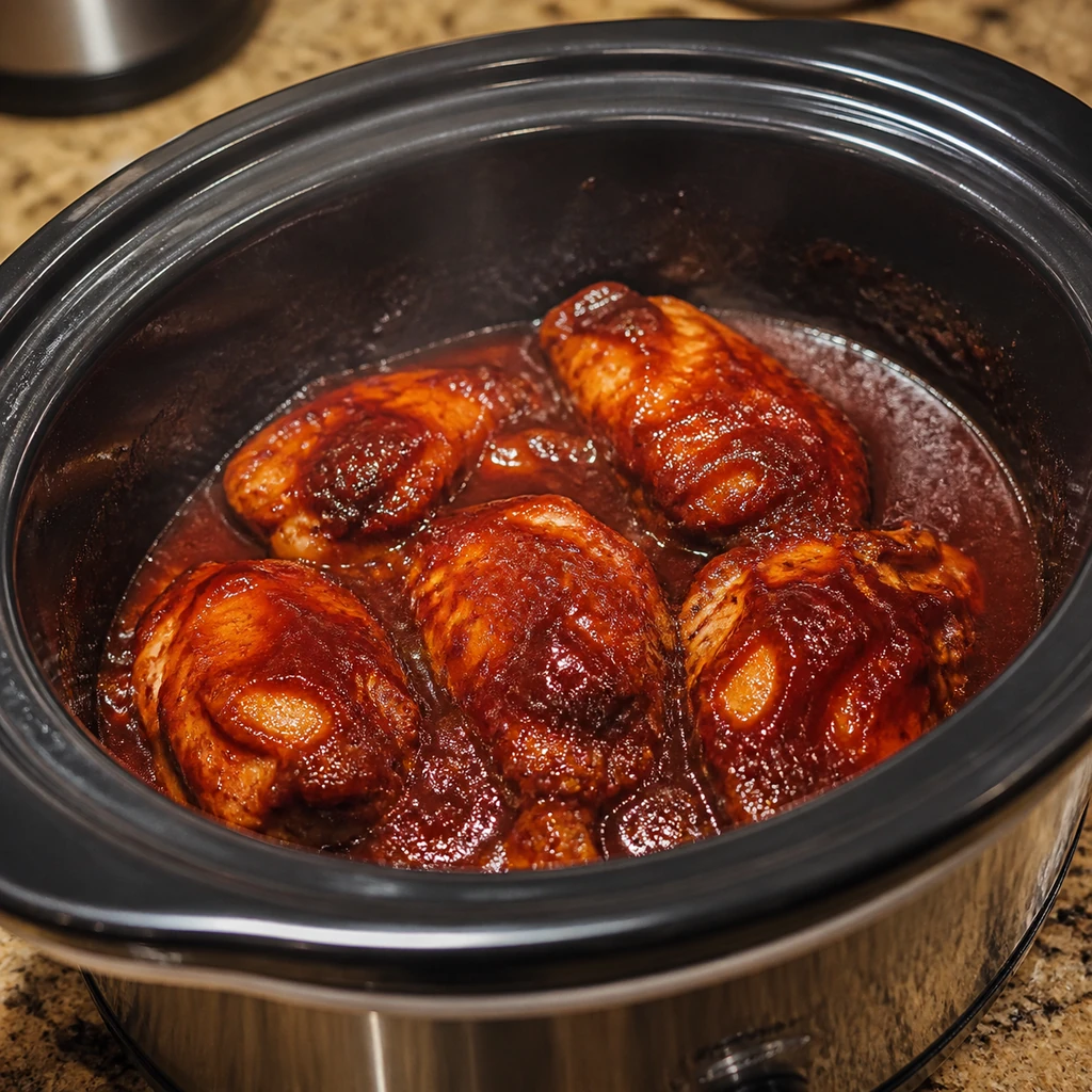 Chicken cooking in barbecue sauce inside a slow cooker