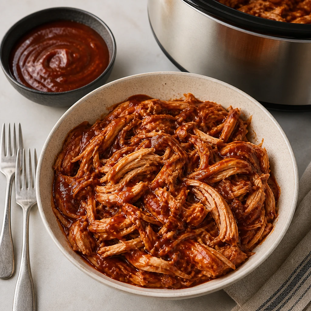 Cooked BBQ chicken shredded and coated with thick sauce