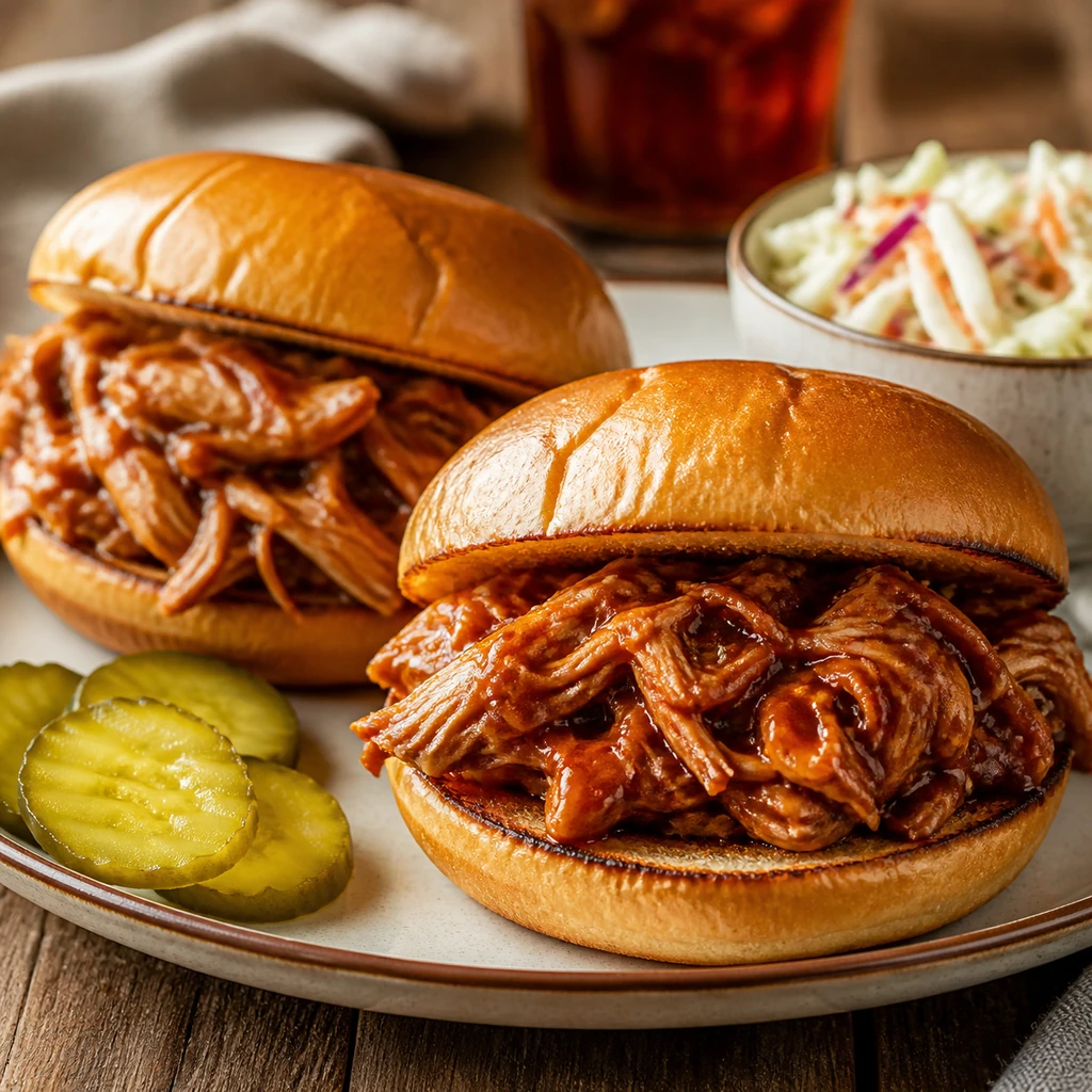 Crockpot BBQ Chicken served on toasted buns with pickles and coleslaw