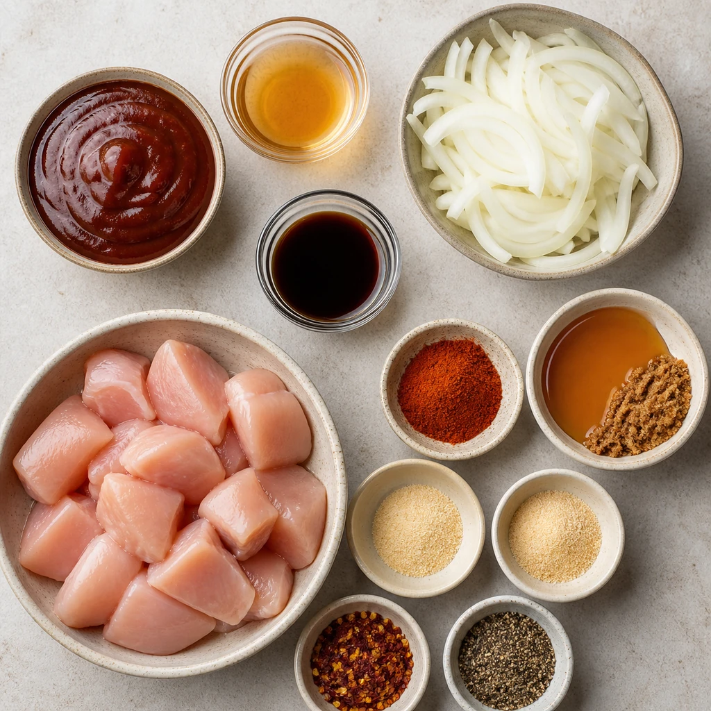 Ingredients for Crockpot BBQ Chicken arranged together