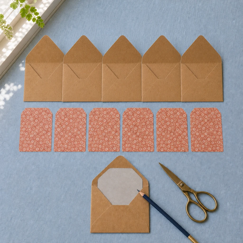 Patterned paper cut into six custom envelope liners