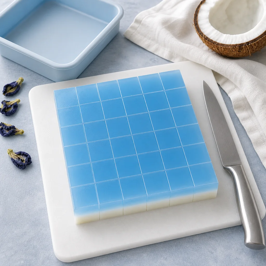 Blue coconut jelly slab cut into an exact six-by-six grid of thirty-six cubes.