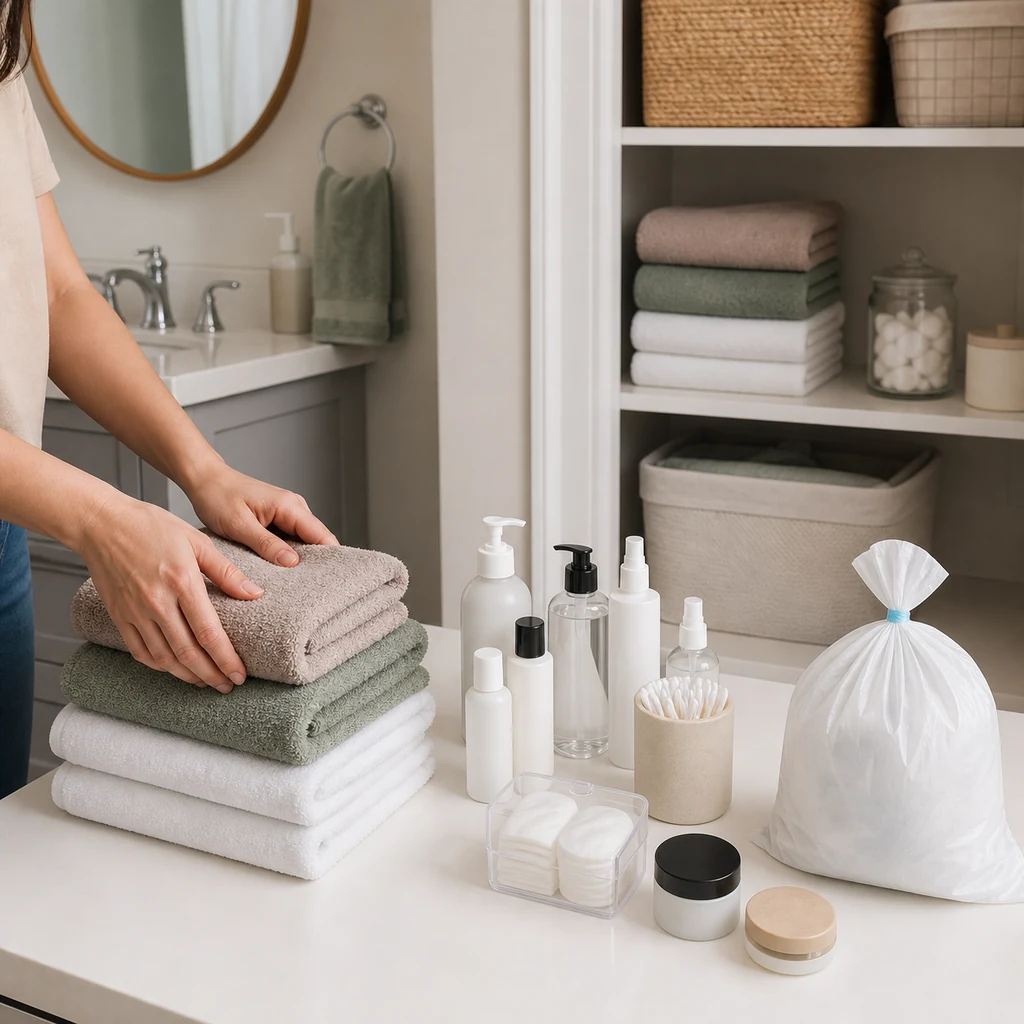 Bathroom and linen closet items sorted into towels toiletries and disposal bag