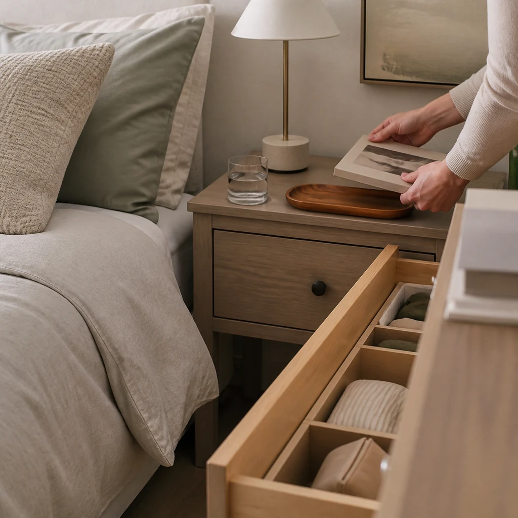 Calm bedroom nightstand and dresser drawer being simplified
