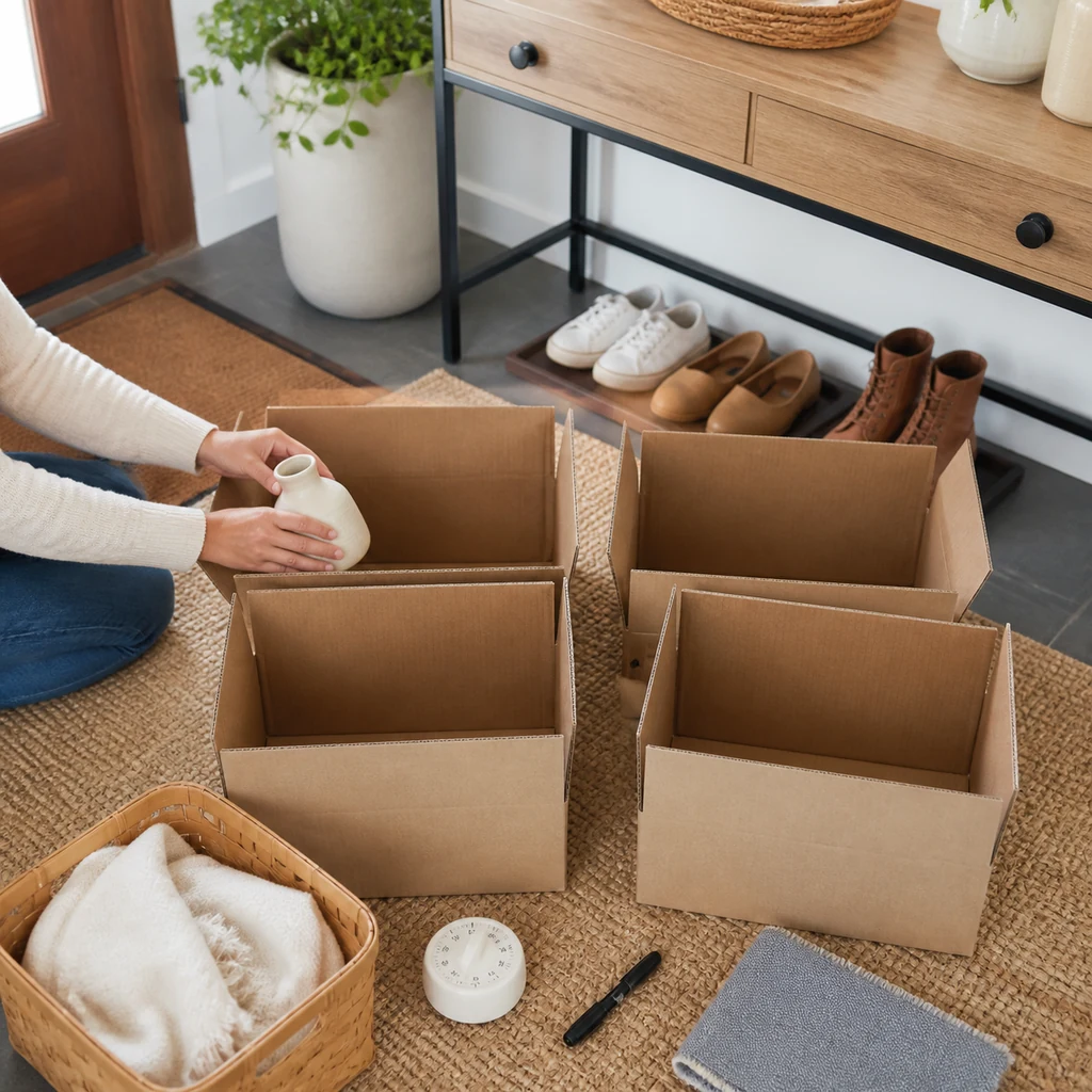 Decluttering supplies with three open sorting boxes in an entryway