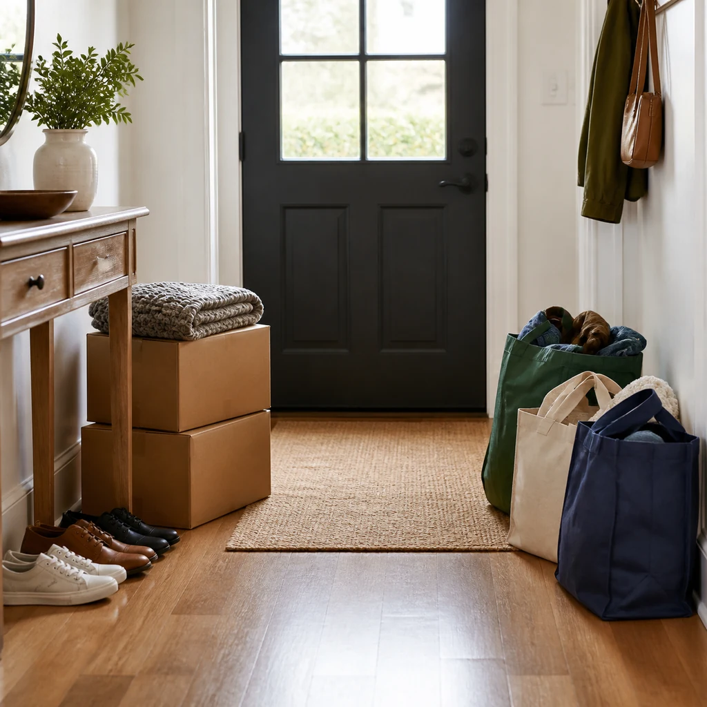 Donation boxes and return bags waiting near a front door