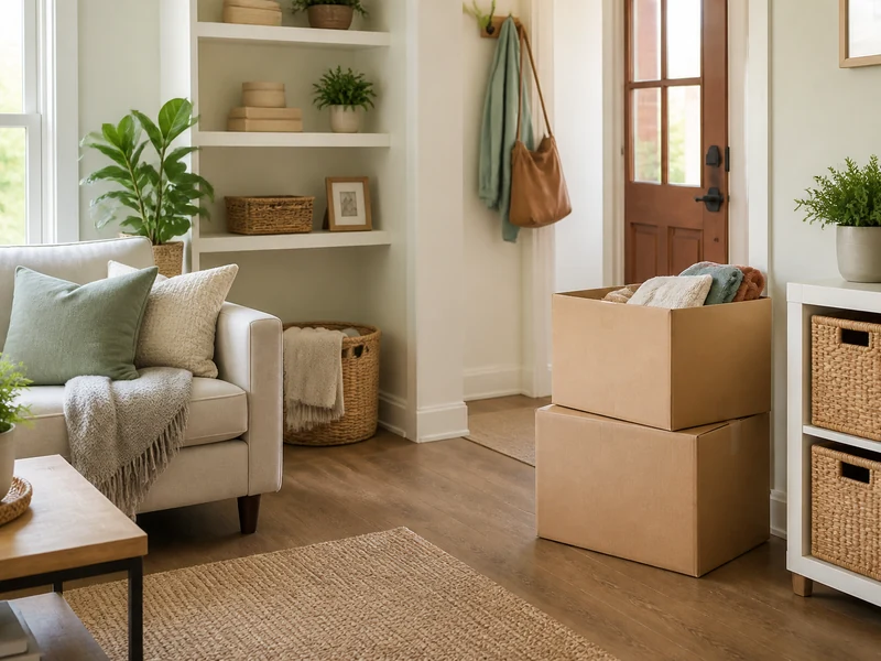 Bright organized living room with labeled donation boxes and tidy storage baskets
