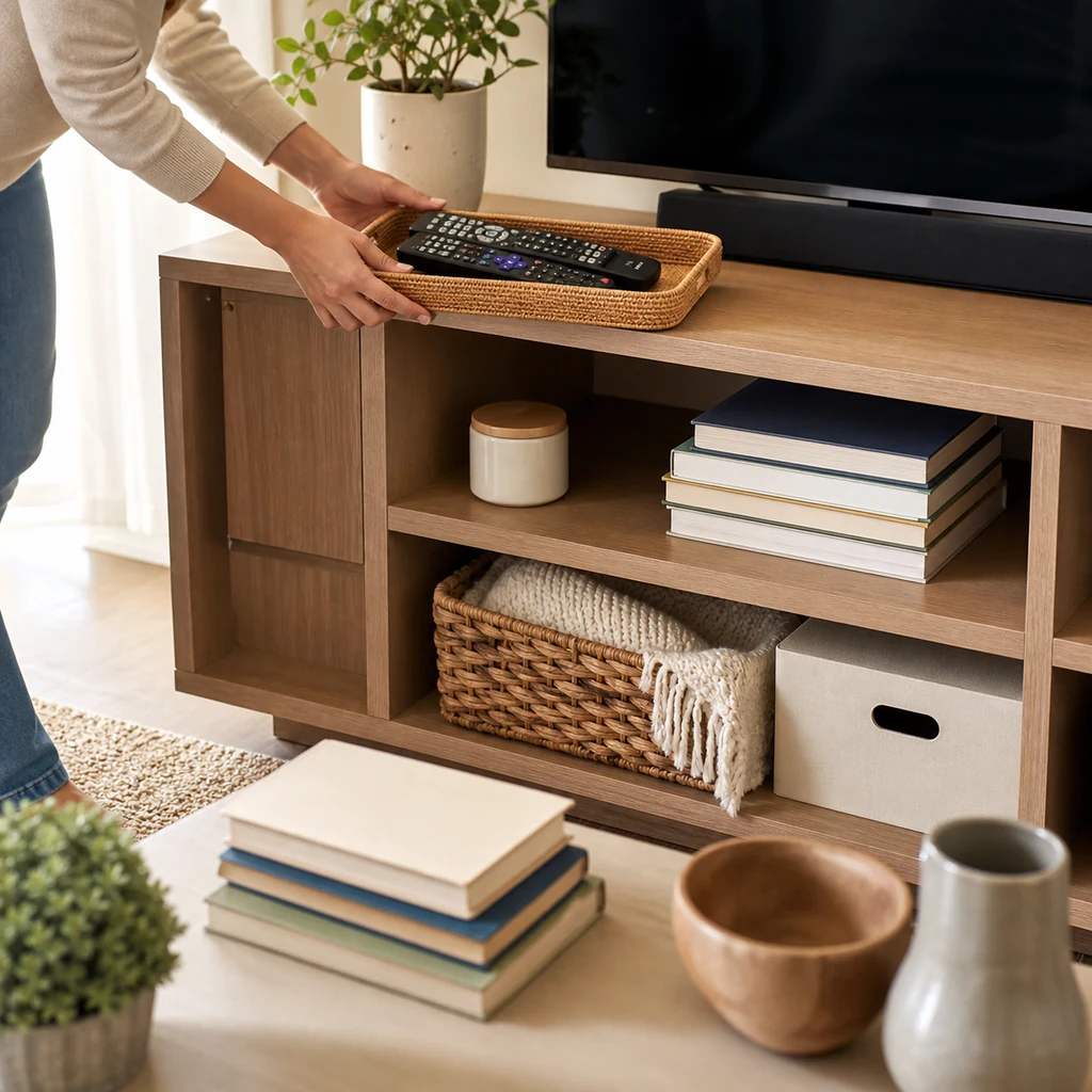 Living room media shelf and book stack being decluttered