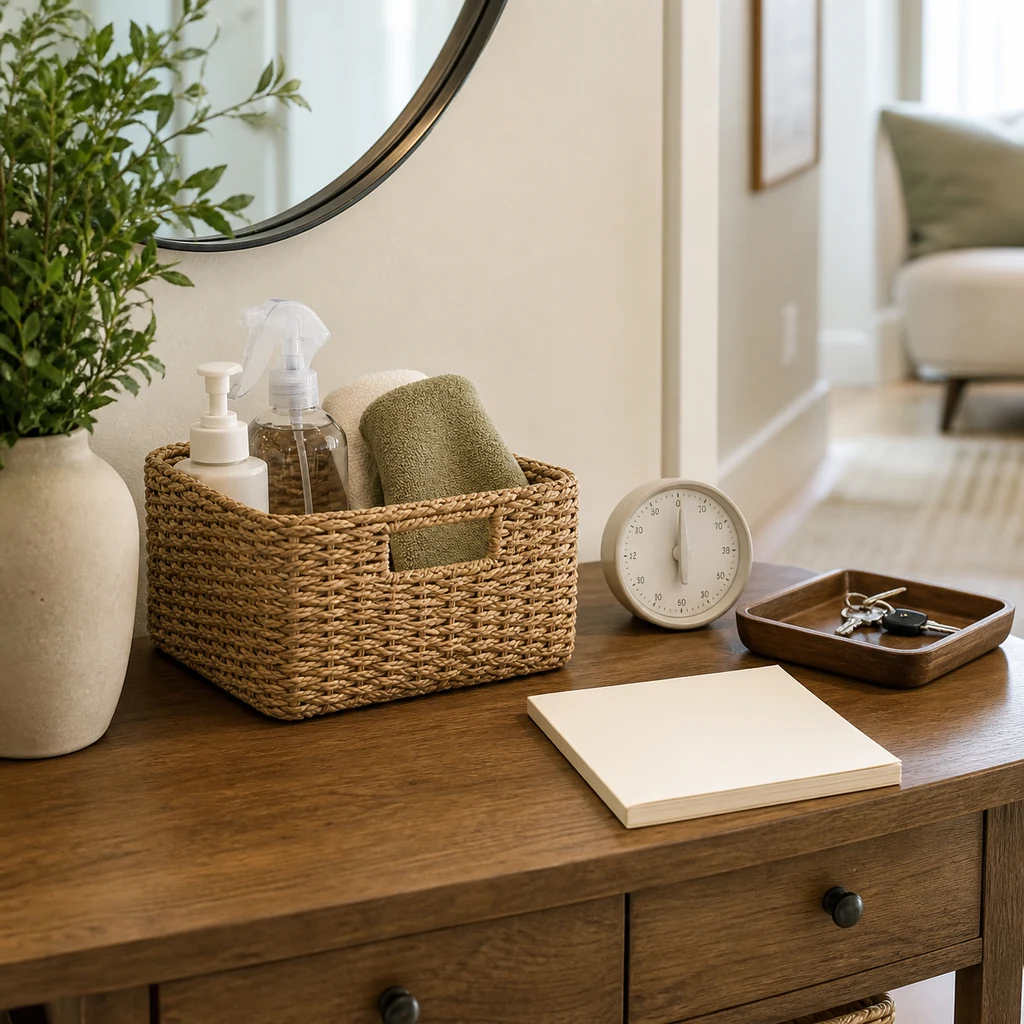 Weekly reset basket on a tidy console table with cleaning cloth and timer