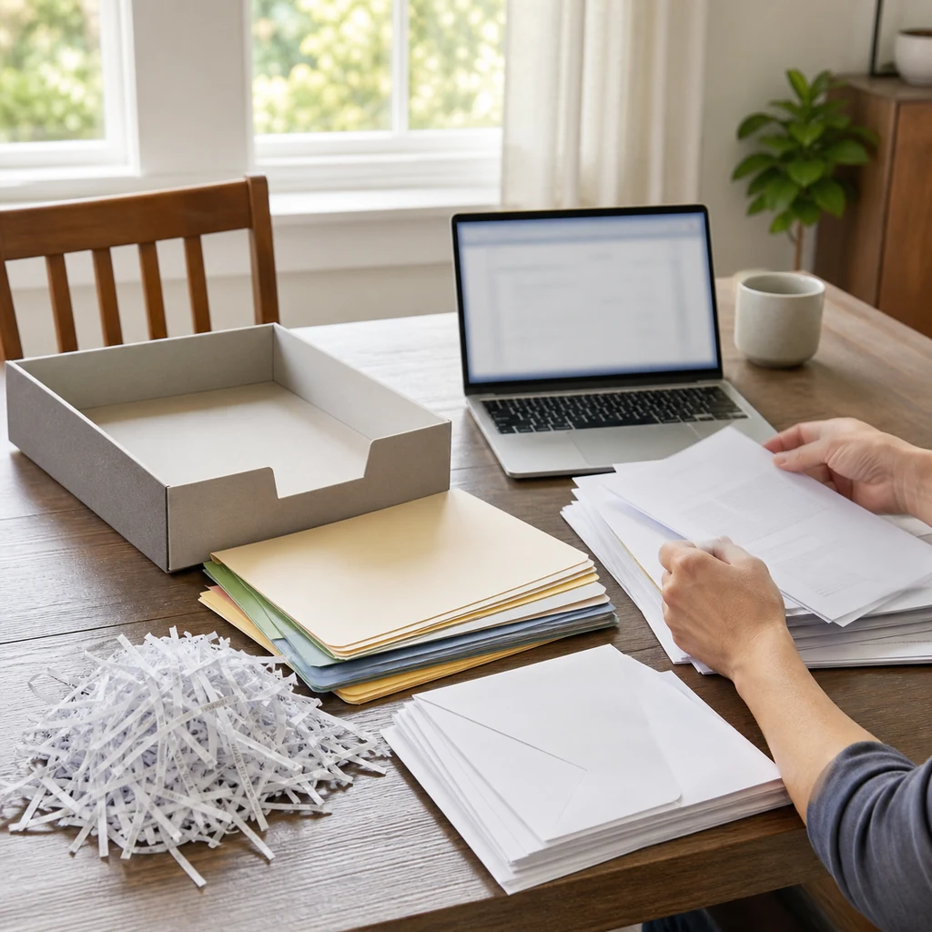 Kitchen table with mail tray folder shred pile and laptop for digital decluttering