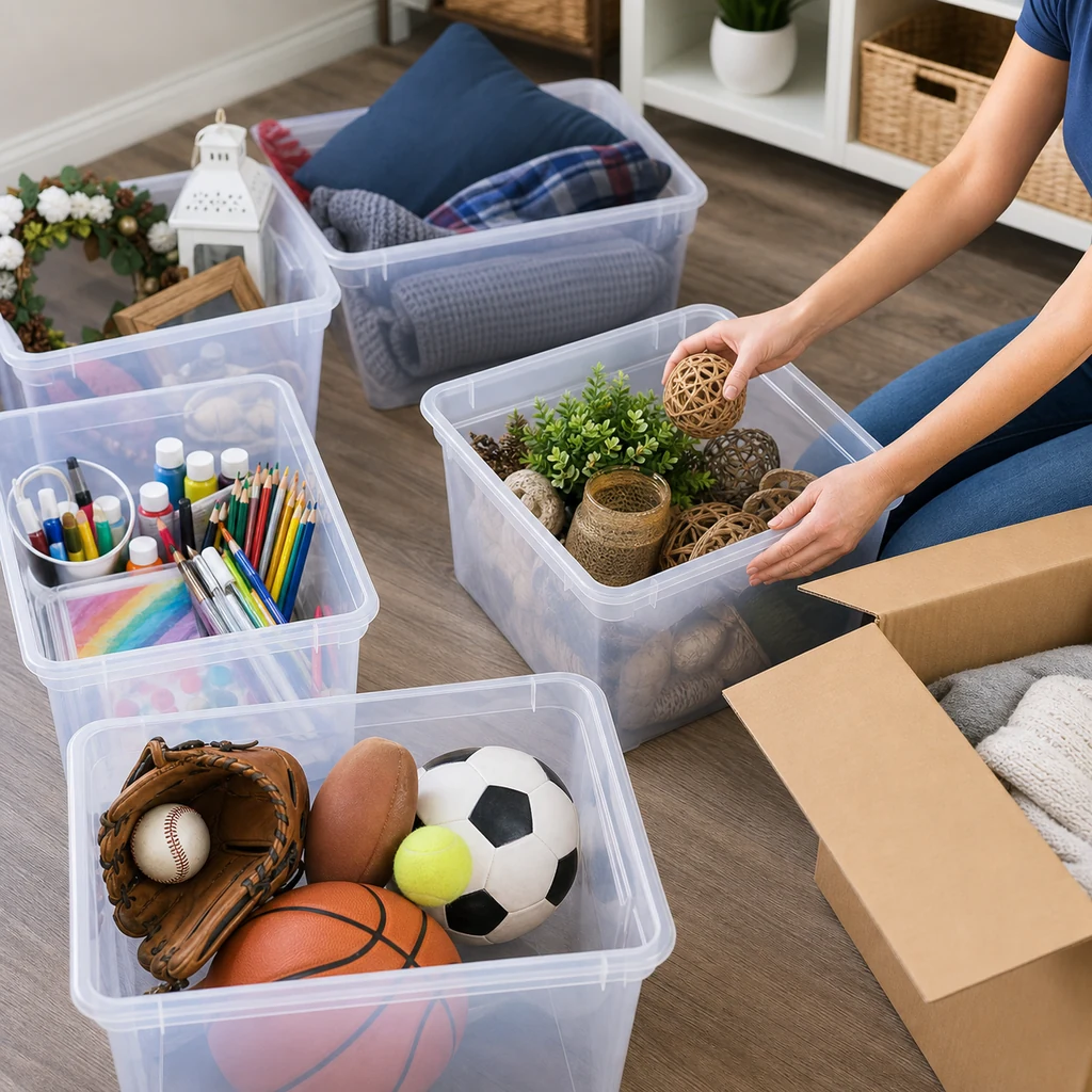 Seasonal decor and hobby supplies sorted into clear bins on a floor