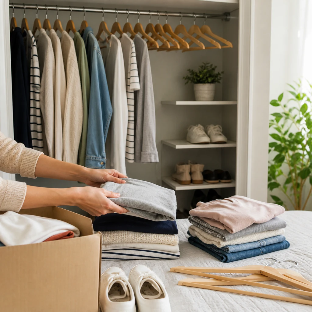 Small wardrobe being edited with clothing piles and empty hangers
