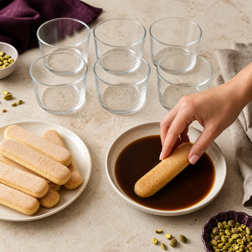 Ladyfinger briefly dipped in cooled decaf espresso for tiramisu cups.