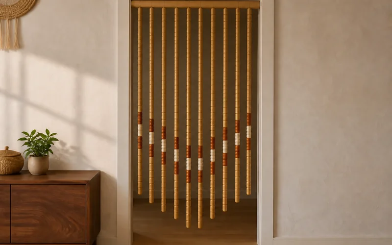Finished bamboo beaded curtain with honey wood beads and a terracotta-and-cream geometric pattern.