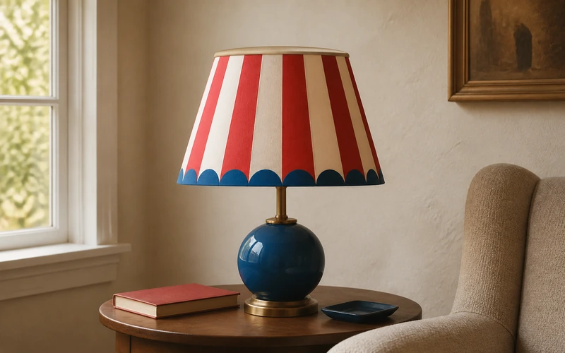 Finished DIY circus lampshade with red stripes and blue scallops