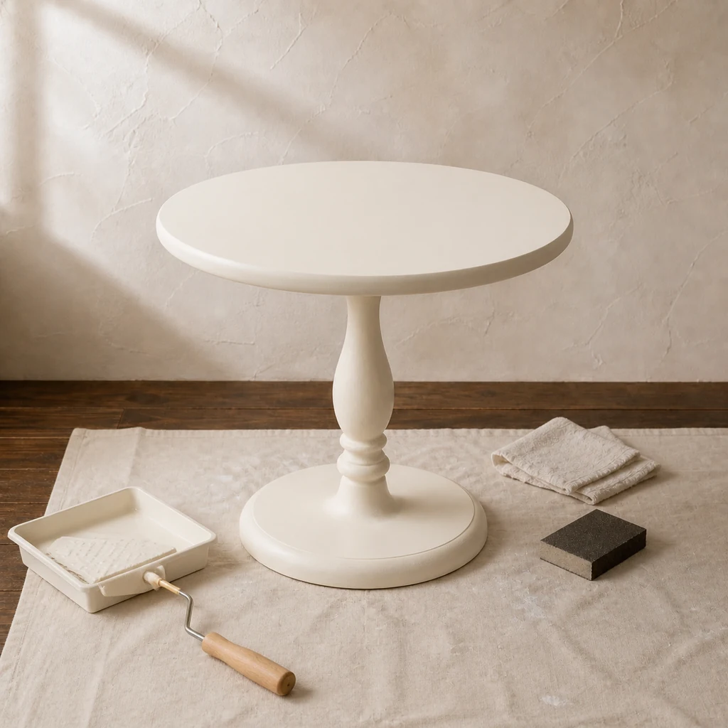 Pedestal side table covered with a smooth cream base coat