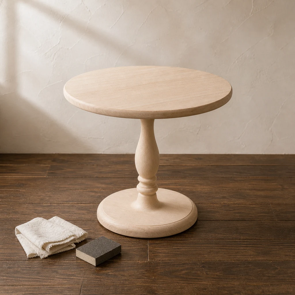 Unfinished round wood pedestal table before painting