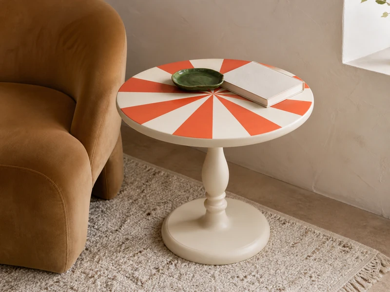 Cream pedestal side table with a Persimmon circus stripe top