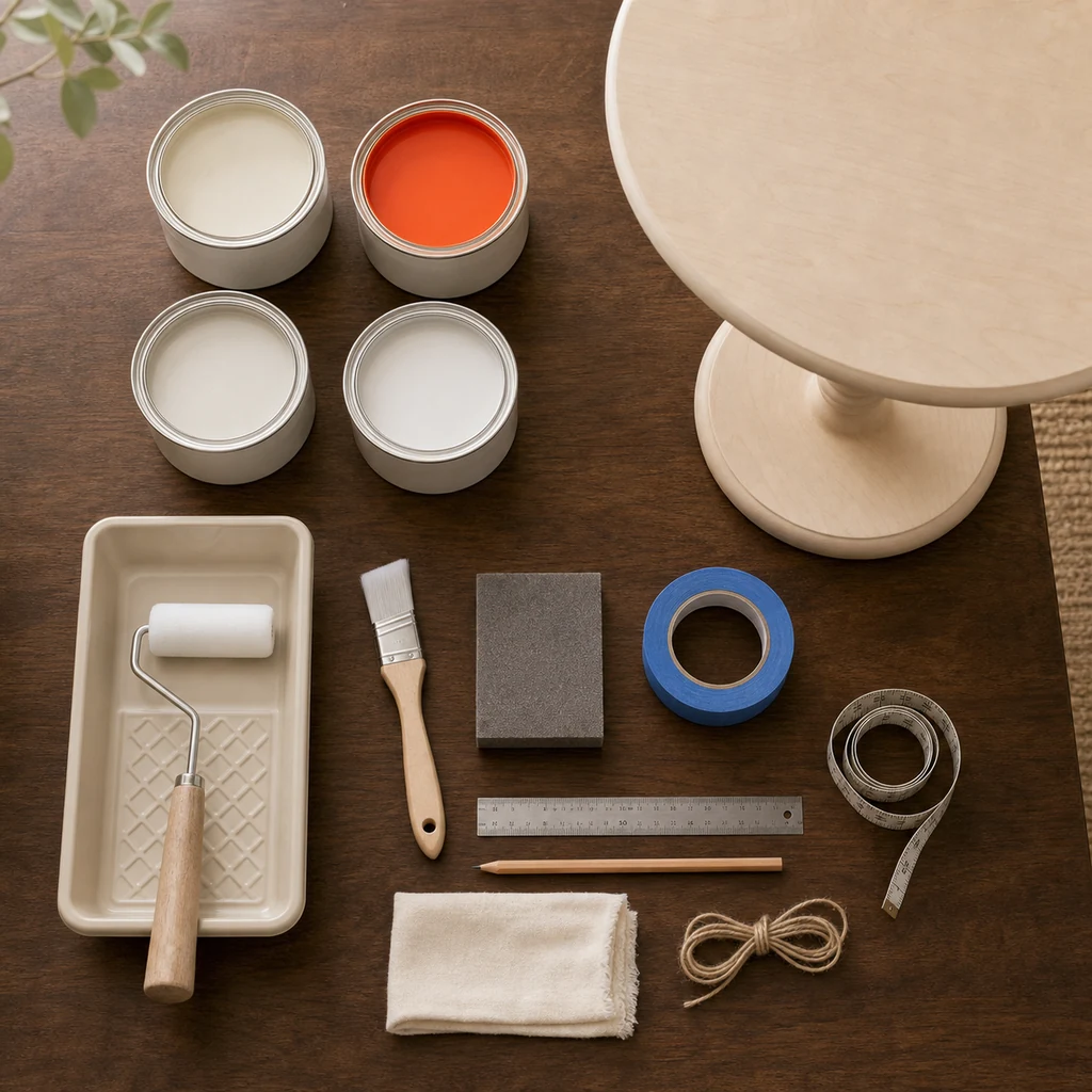 Materials for a Persimmon circus stripe side table makeover