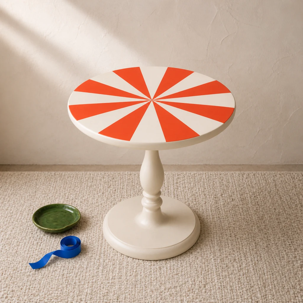Finished cream and Persimmon circus stripe pedestal side table
