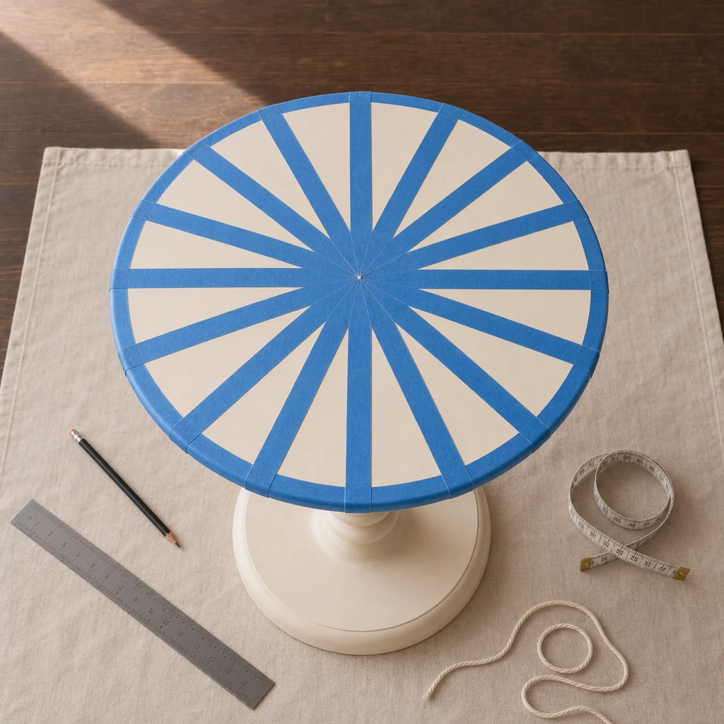 Cream round tabletop taped into sixteen radial wedges
