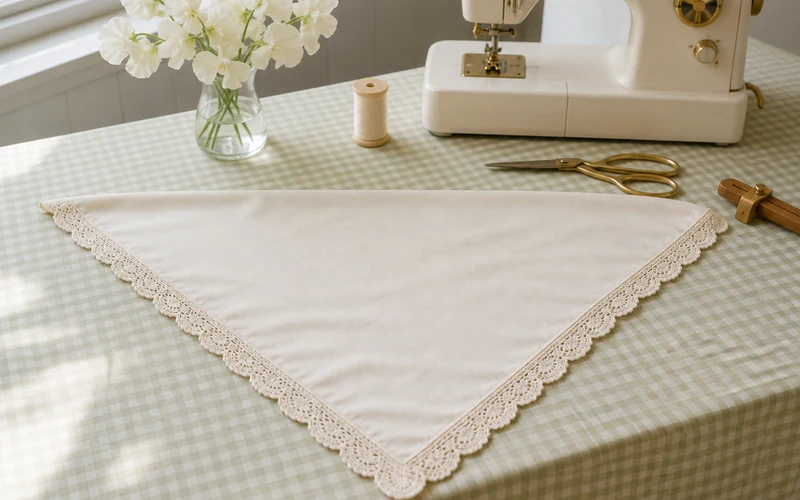 Finished DIY lace-trimmed bandana folded on a sewing table