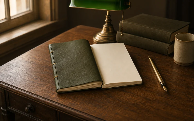 Handmade olive leather poetry journal with cream pages