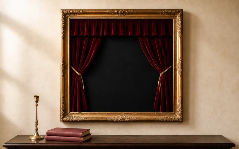 Finished no-sew velvet curtain wall art in an ornate gold frame