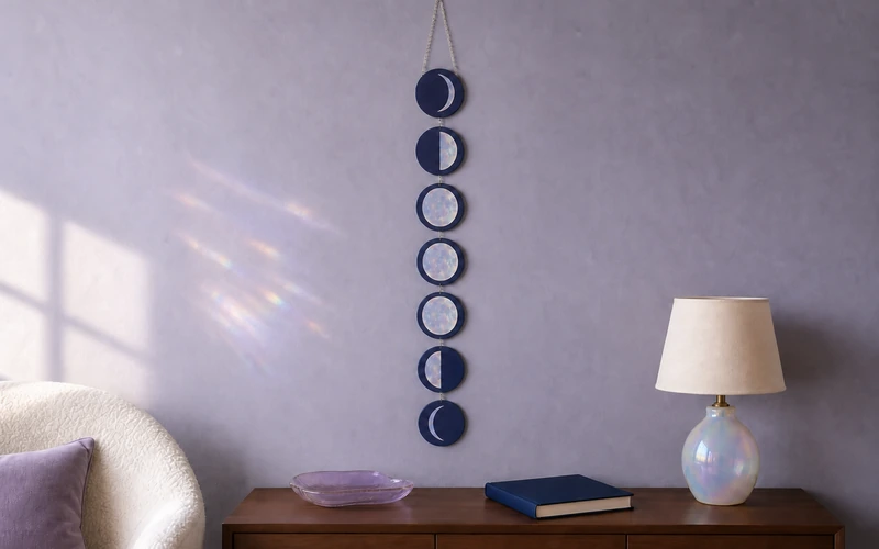 Finished DIY opalescent moon phase wall hanging with seven discs