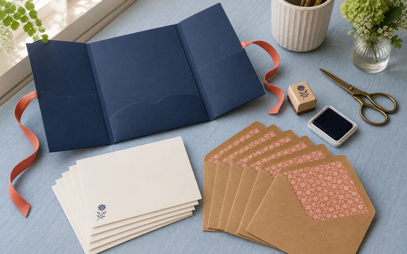Finished DIY pen pal stationery kit with lined envelopes and folio