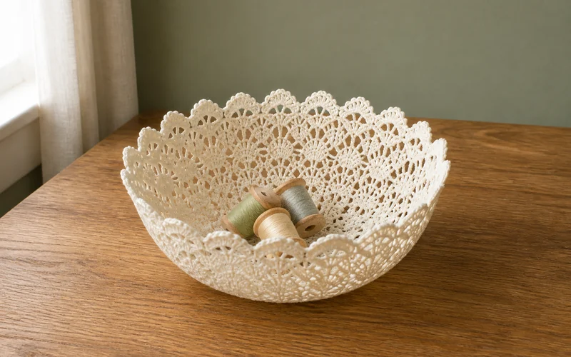 Finished ivory DIY lace doily bowl with scalloped edges